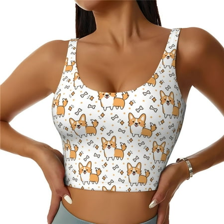 Jgfou Corgi with Hearts Print Womens Sports Bra - Padded Workout Sports Bras Crop Tank Top