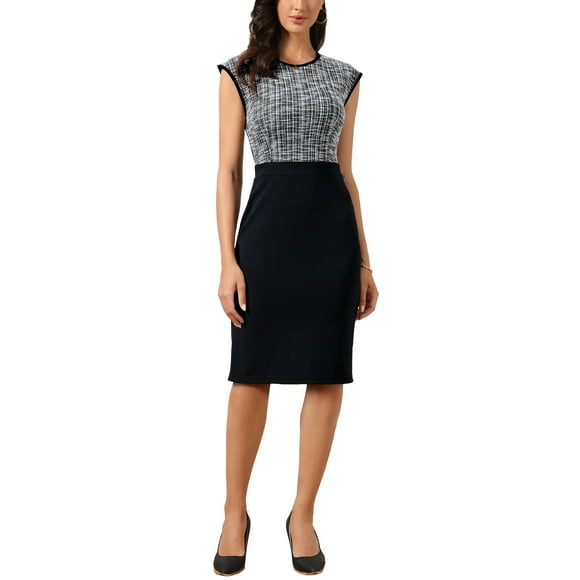 INSPIRE CHIC Work Dress for Women Tweed Crew Neck Sleeveless Patchwork Office Business Bodycon Sheath Dresses M Black
