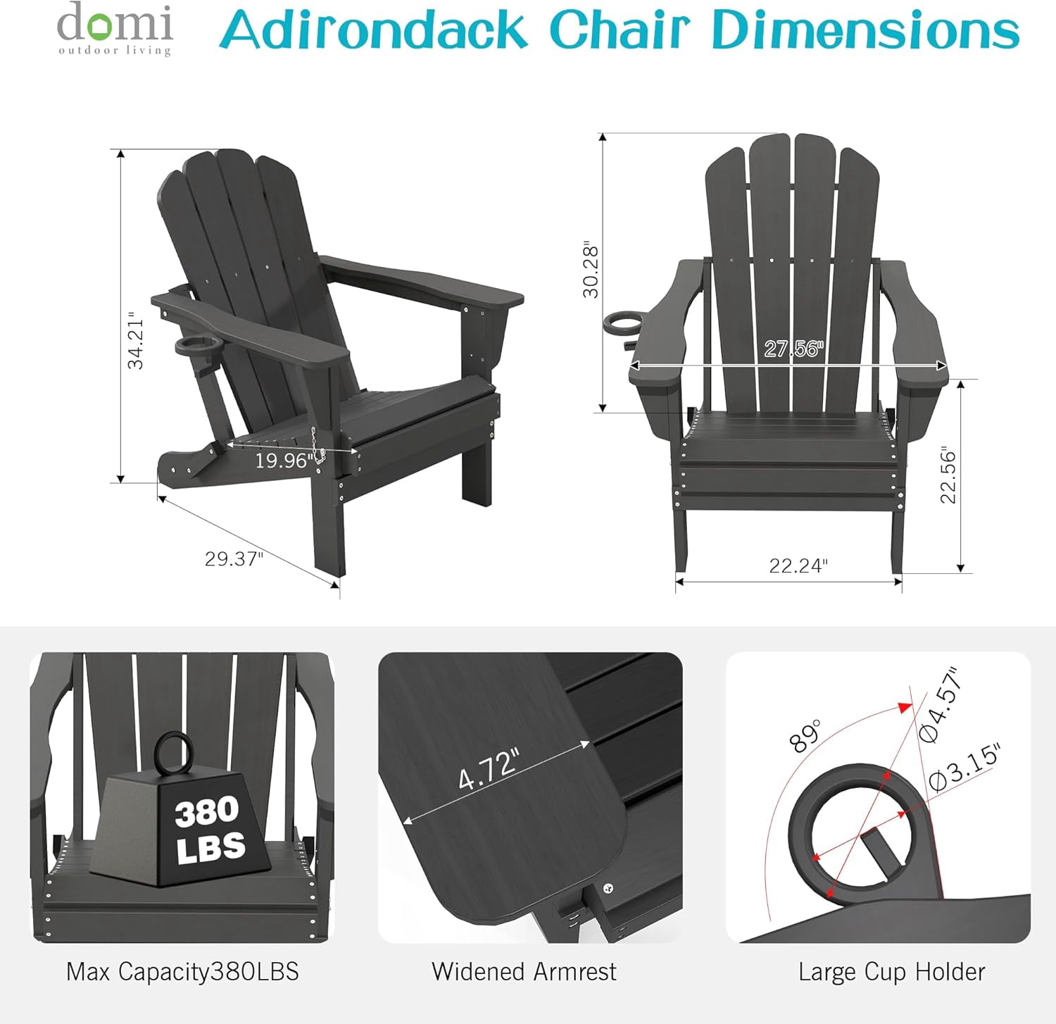 Domi Outdoor Living Folding Adirondack Chair Set of 4, All-Weather HDPE Patio Chair with Cup Holder, Weather-Resistant Fire Pit Seating for Backyard, Deck, Garden & Poolside, Gray