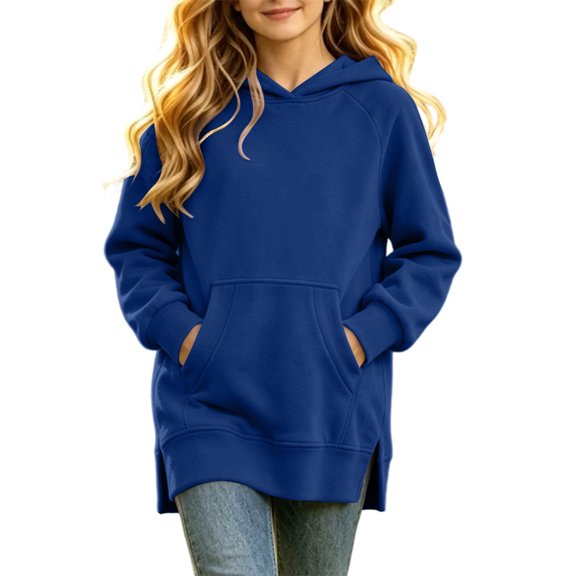 Qingpeng Big Kids Side Slit Hooded Pullover Top Longline Long Sleeve Sweatshirt with Front Pocket