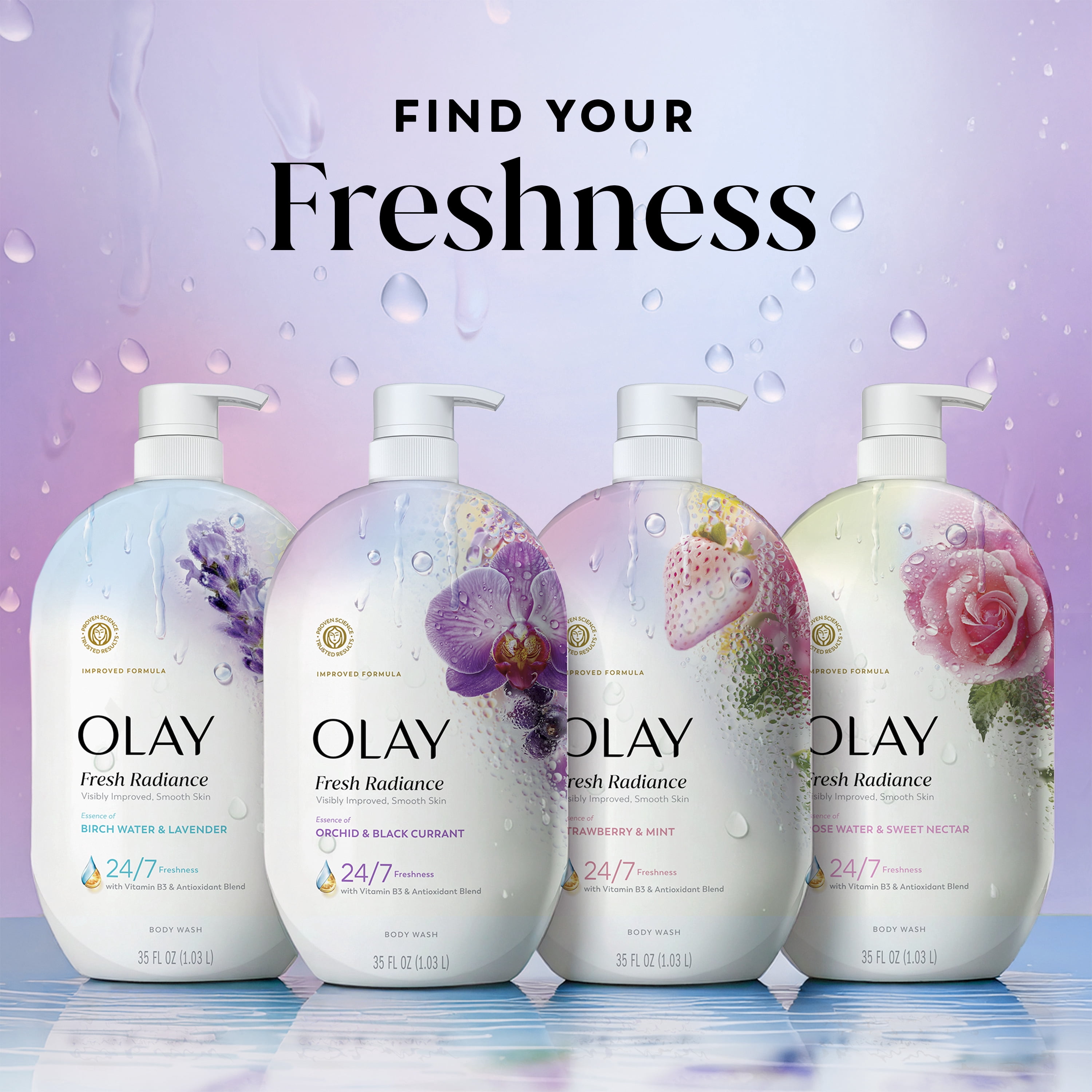 (4 pack) Olay Fresh Radiance Body Wash, Orchid & Black Currant, with Vitamin B3, 35 fl oz