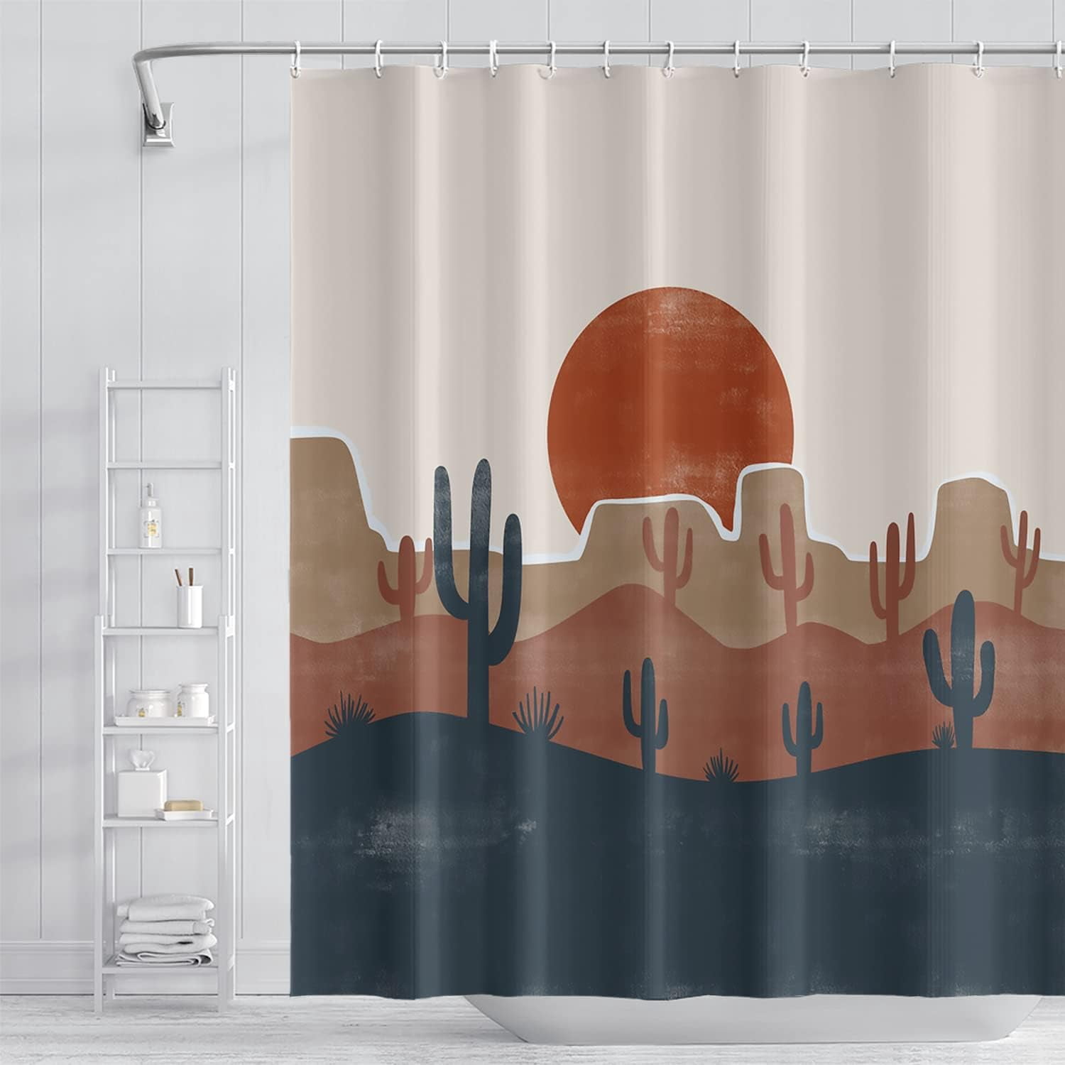 Abstract Mid Century Bohemian Bathroom Shower Curtain Desert Cactus Red Sun Shower Curtain with Hooks Waterproof Fabric Polyester Shower Curtain Modern Aesthetics Home Decorative, 36x72 Inch
