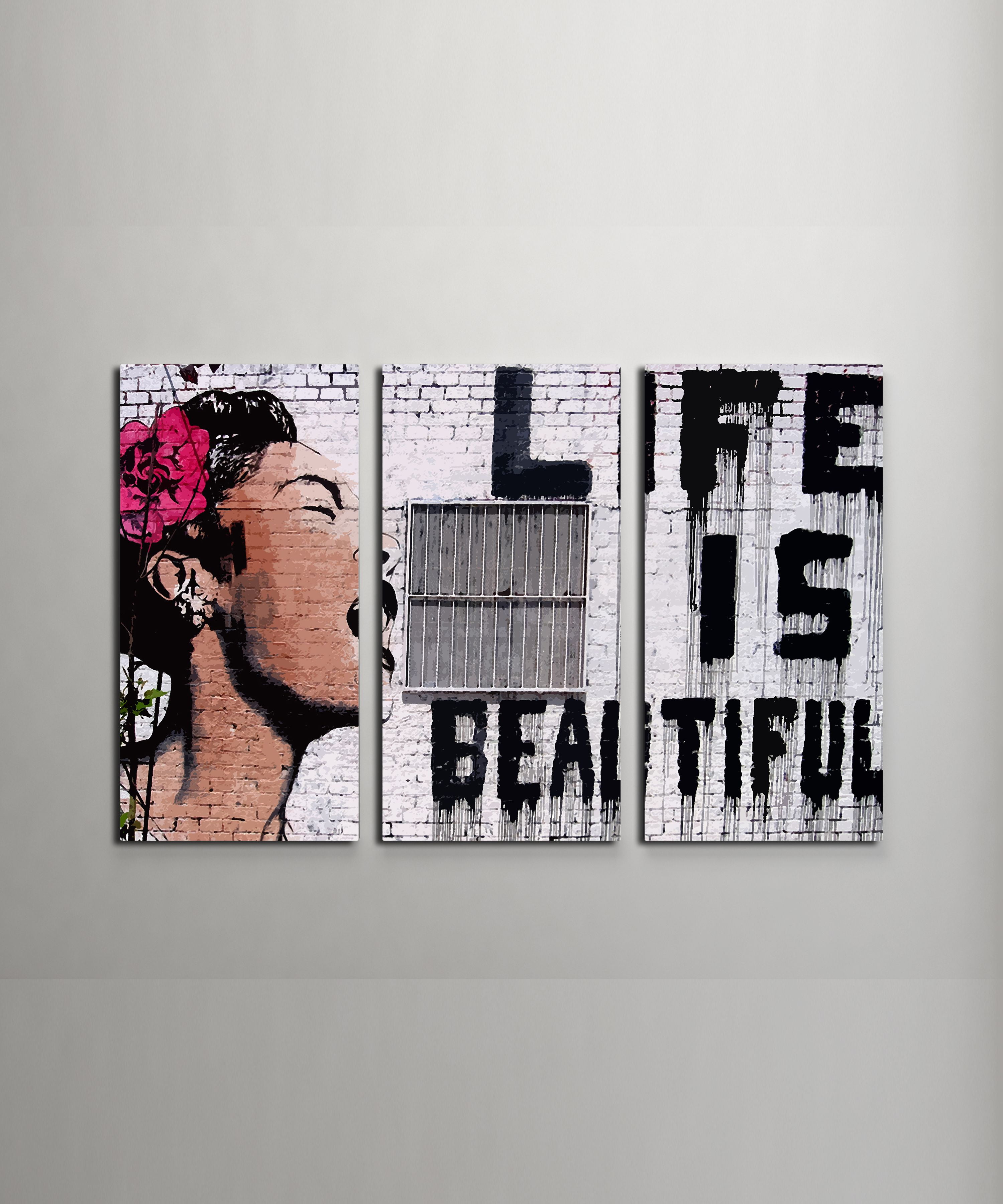 Banksy Life is Beautiful Gallery Wrapped Canvas Triptych Wall Art 48