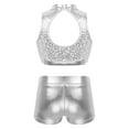 thumbnail image 2 of iixpin 2PCS Kids Girls Shiny Metallic Jazz Dance Wear Outftit Mock Neck Crop Top and Booty Short Silver 8, 2 of 7