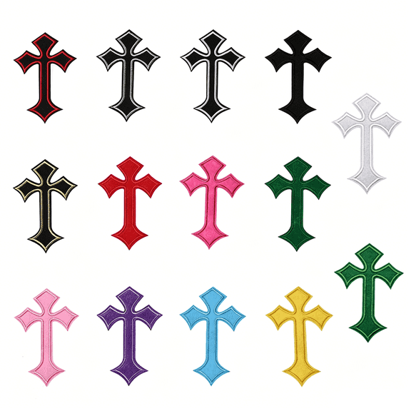 Mioerouu 28 Pcs Gothic Cross Iron‑On Patches, 14 Assorted Colors Embroidered Cross Sew‑On Patches, 3.94 x 2.76 Inch Fabric Appliques for Jackets Jeans Backpack Hats DIY Decor