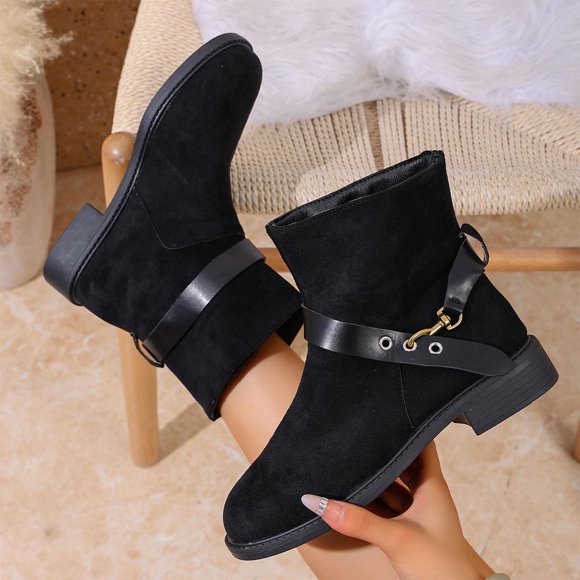 AUNVITO Bottines à Talon Épais pour Femmes avec Semelle Souple et Détail de Boucle, Chaussures d'Hiver en Faux Suède Style Britannique pour Tenues Décontractées