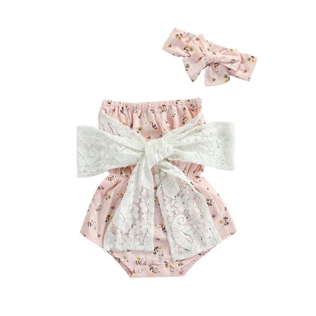 

Sunisery 2Pcs Baby Girls Romper Floral Print Strapless Sleeveless Bodysuit Jumpsuit Bow Headband Summer Outfits