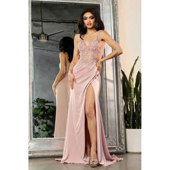 May Queen MQ2028 Juniors Womens V-Neck Embellished High Slit Evening Gown