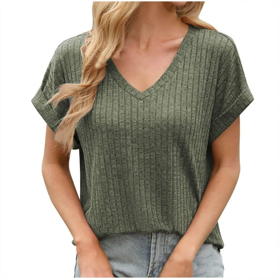 Summer Shirts for Womens Fashion Plus Size Solid Color V-neck Stripe Knitted Short Sleeved With A Slit At The Hem