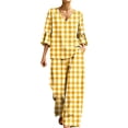 thumbnail image 2 of Mifsaly Lounge Wear for Women 2 Piece Set Plaid V Neck Bell Sleeve Top and Relaxed Wide Leg Pants Comfortable Everyday Casual Matching Outfits with Pockets Yellow,XL, 2 of 6