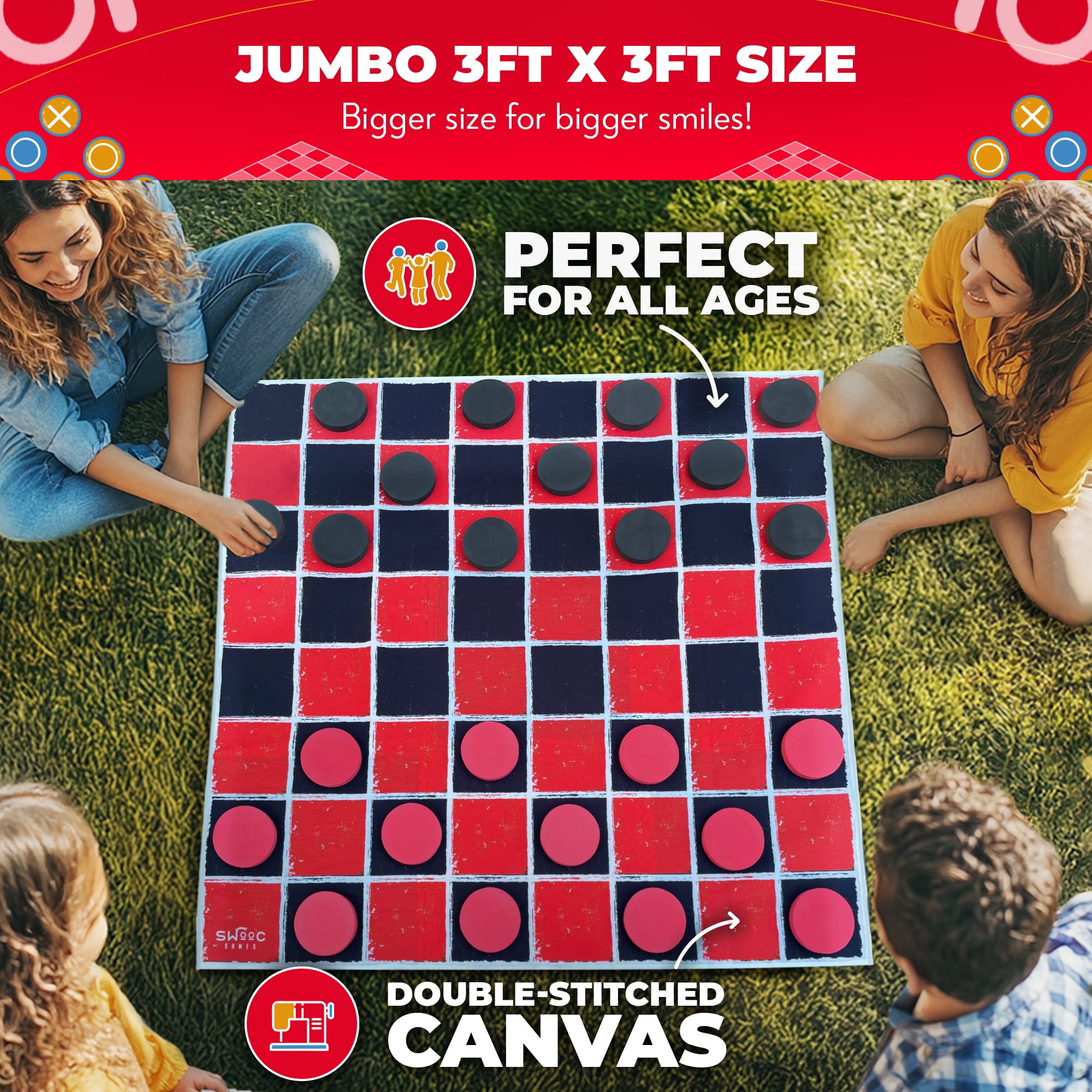 Swooc Games® - 2-in-1 Giant Vintage Checkers & Tic Tac Toe Game W/ Mat (3ft x 3ft) - 100% Machine-Washable Canvas - Giant Outdoor Games & Activities - Giant Games - Giant Board Game - Oversized Game