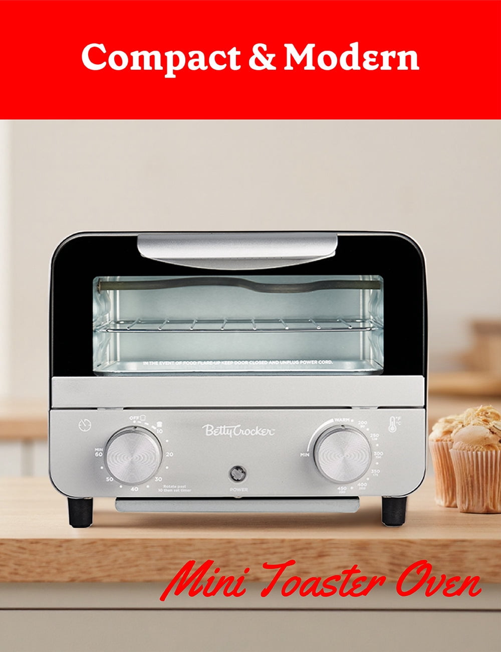 Betty Crocker Mini Toaster Oven, Compact Countertop Oven for Dorms, RVs, Apartments, 7-Liter Capacity, 750W, Adjustable Timer, Includes Baking Tray & Rack, BC-5629S, Gray/Black