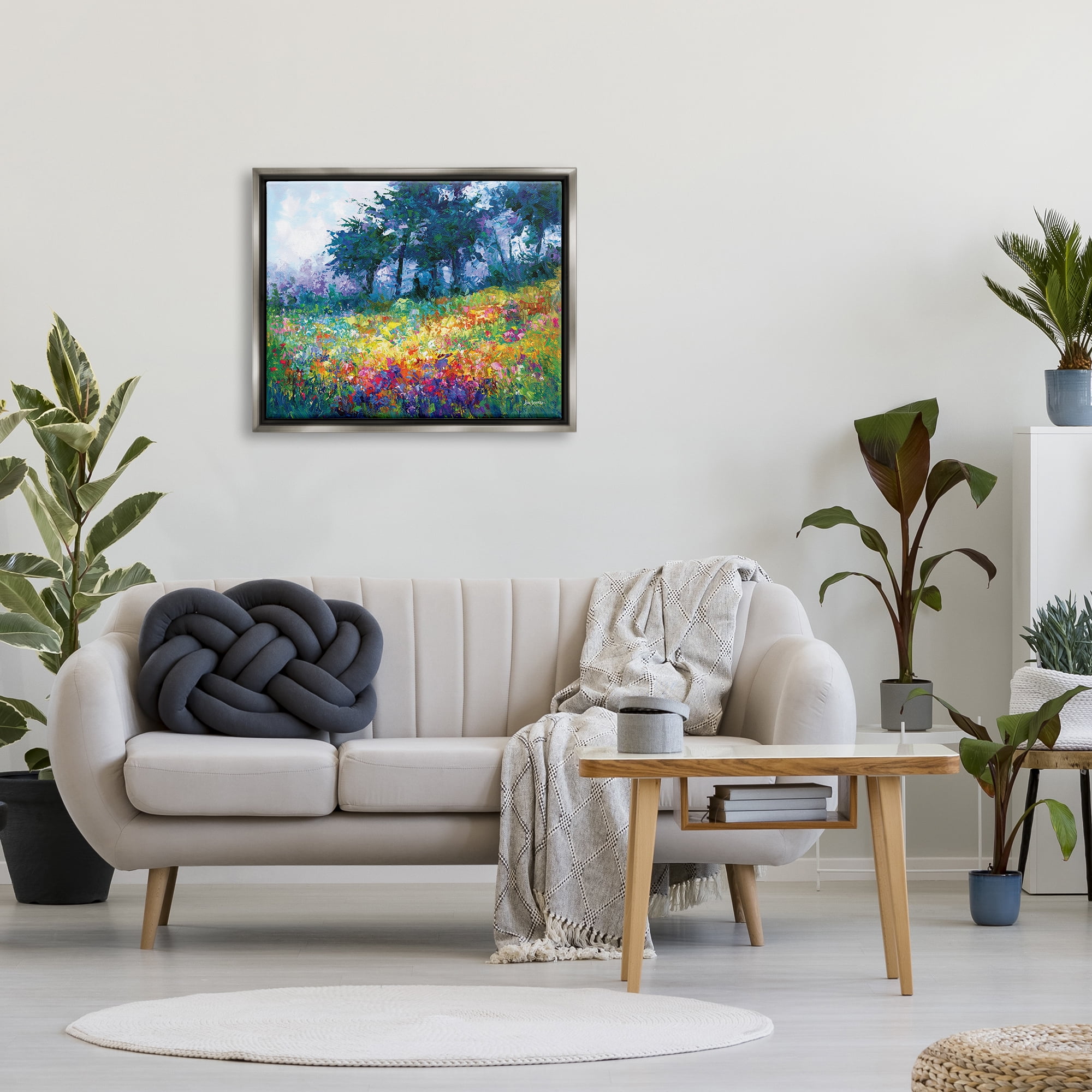 Stupell Industries Wildflowers in Bloom Meadow Landscape Painting Gray Floater Framed Canvas Art Print Wall Art, 31 x 25