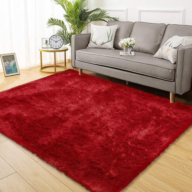 Alfombra CAROMIO 203x254 cm Roja Esponjosa Antideslizante de Pelo Largo