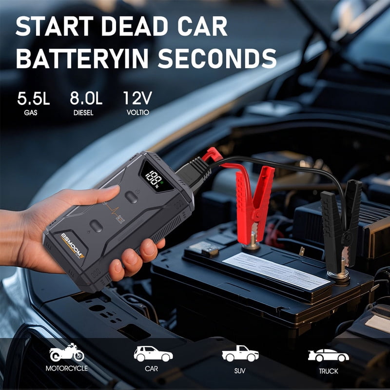 BSMOOM 6000A Peak Portable Car Jump Starter for Up to 5.5 Gas and 8.0 Diesel Engines, 12V Car Jumper Starter Battery Pack with LED Light, LCD Screen, USB-C & QC 3.0 Fast Charging