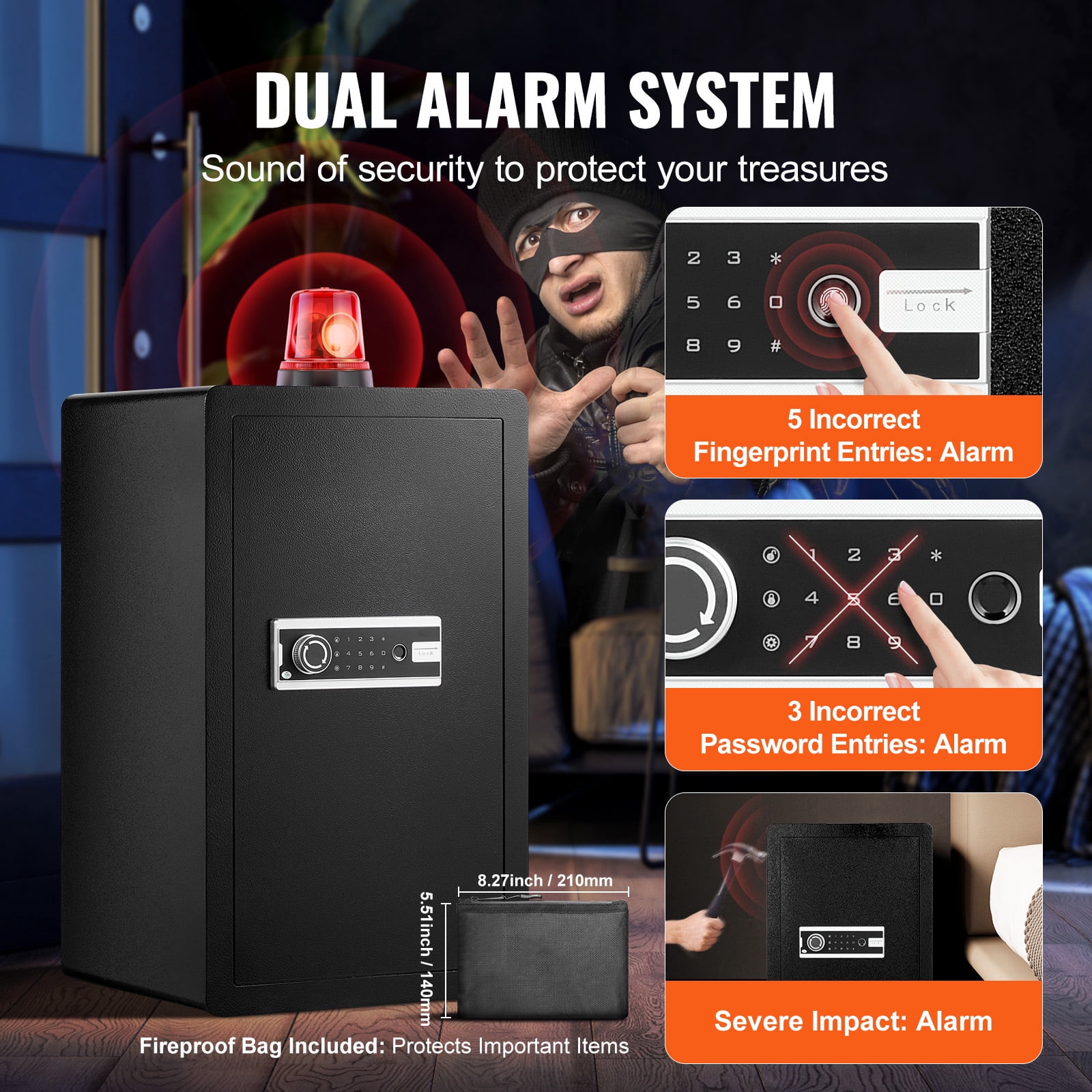 KFFKFF Single Door 4.0 cu.ft Security Safe, Key, Password & Fingerprint Access, Includes Fireproof Bag, Key Organizer, LED, 2 Shelves - Ideal for Cash, Papers, Jewelry, Black