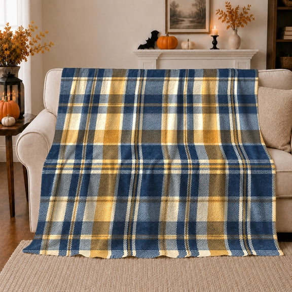autumn celebration Bat Pumpkin Tartan Plaid, Festive autumn celebration Scene, Warm Flannel Blanket for Living Room and Family Room, Art Lovers autumn celebration Gift, Festive Home Decor