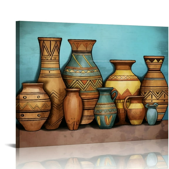 ONETECH Ancient Africa Canvas Wall Art African Vase Painting Picture Vintage Living Room Kitchen Tribal Decor Framed Ready to Hang