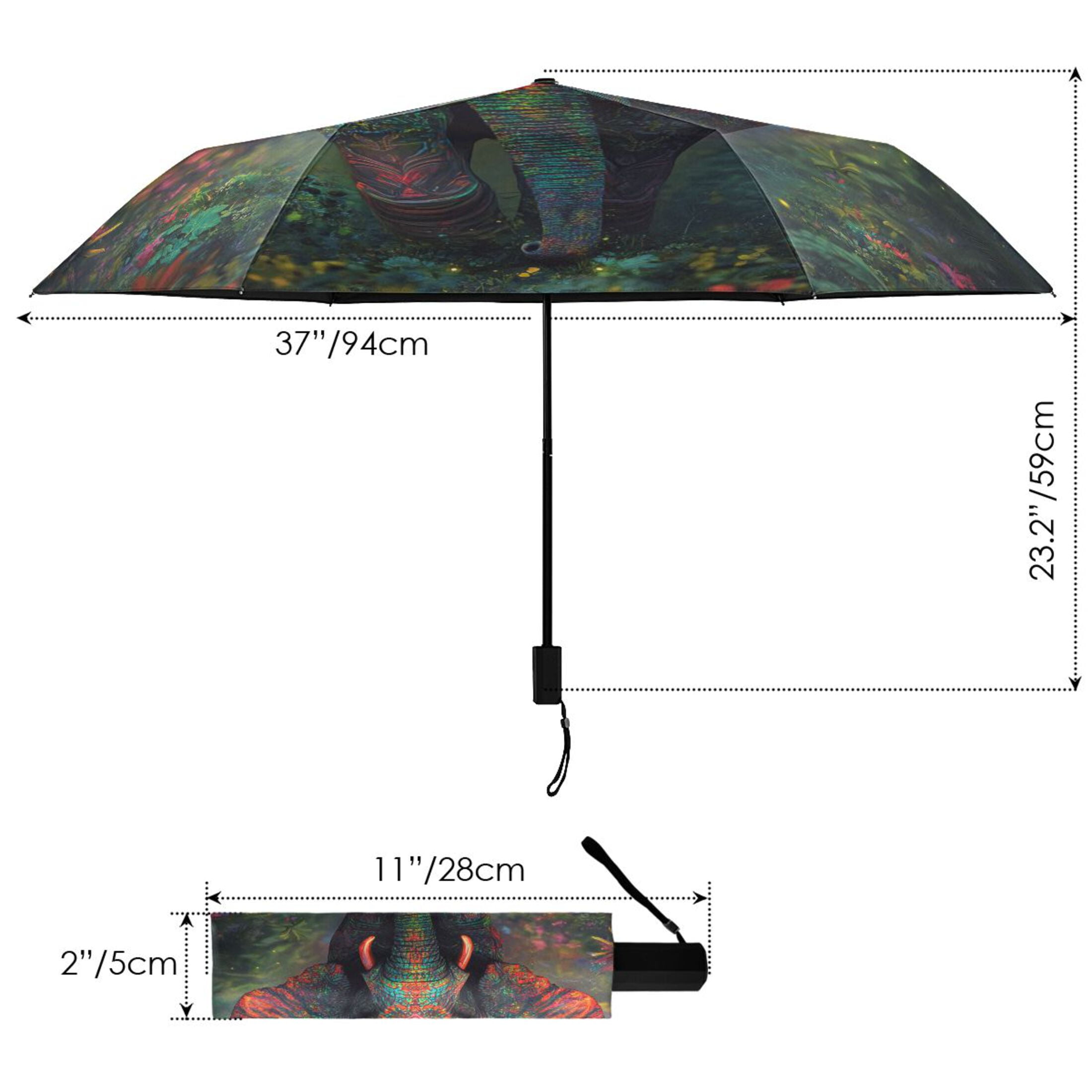 Compact Sun Umbrella Windproof Travel Umbrellas for Rain Strong Portable UV Protection Vibrant Elephant in Forest