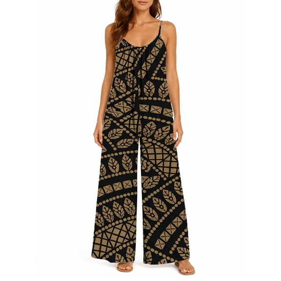 Women's Casual Sleeveless Jumpsuits Paisley Ethnic Pattern Spaghetti Strap Wide Leg Pants Rompers with Pockets