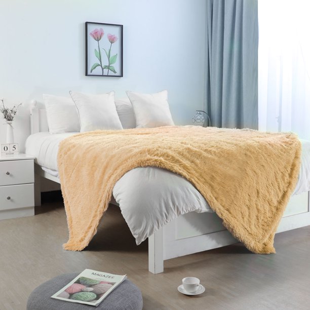 Shaggy Faux Fur Decorative Twin Size Blanket 59"x78", Khaki Walmart