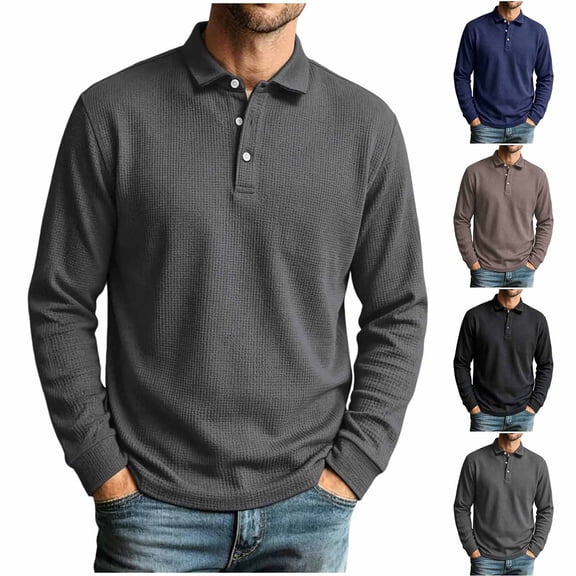 Aimik Polo Shirts for Men Long Sleeve Waffle Texture Button Up Casual Solid Shirts Fall Winter Soft Warm Collared Tee Basic