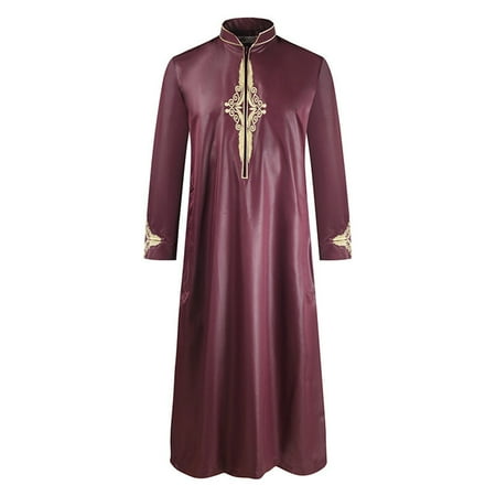 

Puntoco Plus Size Long Sleeve clearance Men s Muslim Robe Arab Middle Robe Long Sleeve Embroidered Standing Neck Long Shirt Robe Wine 8(XL)