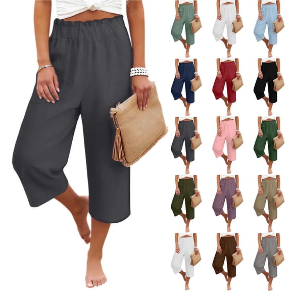 VBVC Women's Cotton Linen Capri Pants , Wide Leg Culottes Trousers For Women , Ladies' Summer Cropped Pants with Pockets, S-2XL
