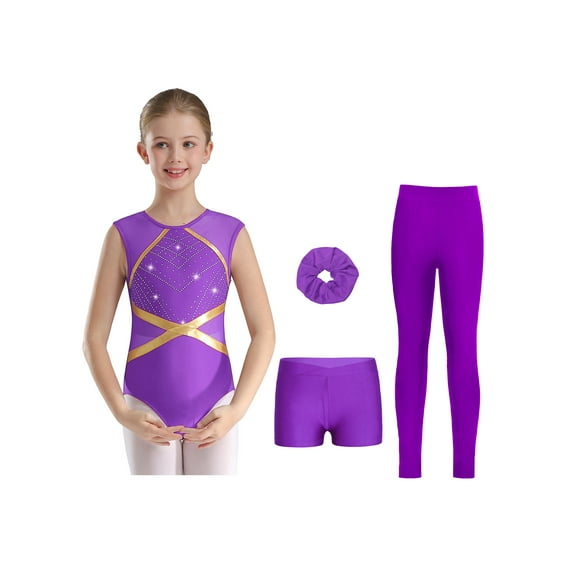 TSSOE Girls Gymnastics Leotards with Shorts Leggings Scrunchies Sleeveless Sparkly Dance Biketard Ballet Tumbling Outfit Purple 12
