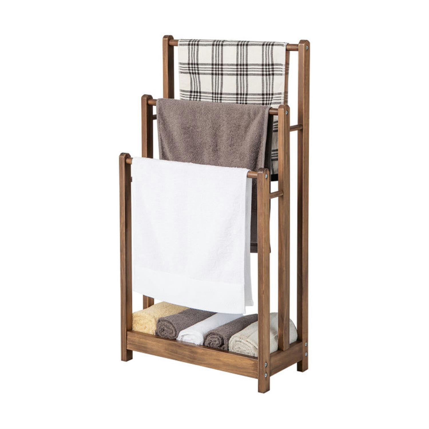 Demi Bonn Free Standing Towel Rack for Bathroom, 3-Bar Blanket Rack with Bottom Storage Shelf, Blanket Holder, Drying and Display Rack, Brown