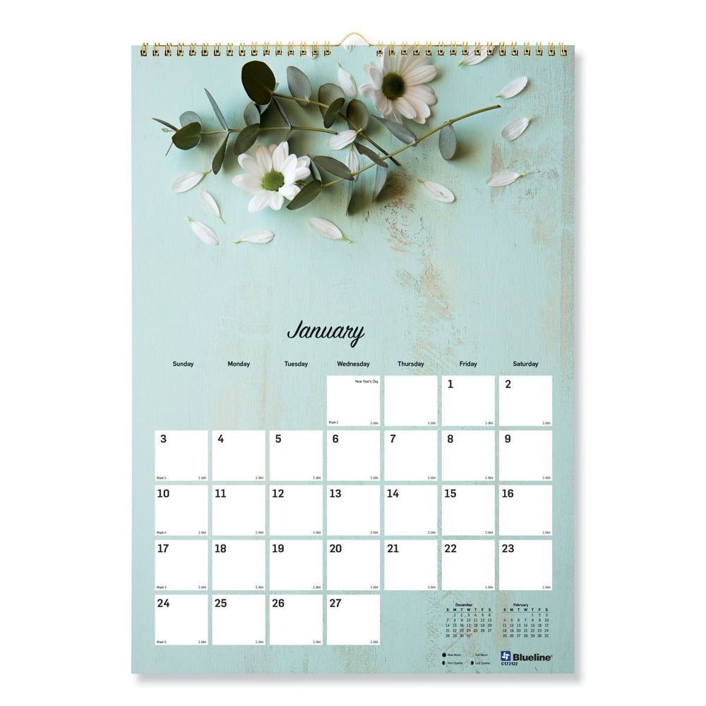 Blueline One Month Per Page Twin Wirebound Wall Calendar Floral 12 x 17