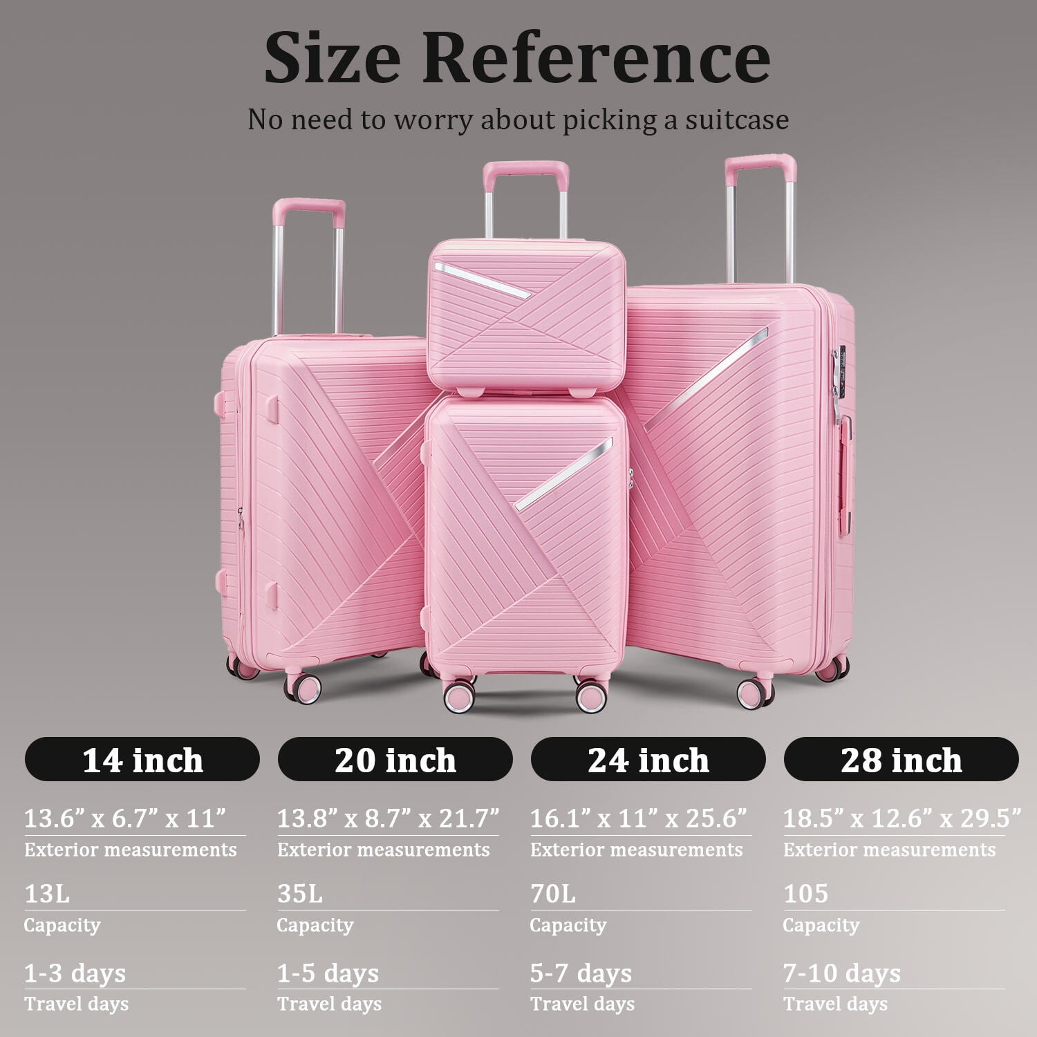 4-Piece Pink Luggage Set (14/20/24/28 Inch) - Lightweight