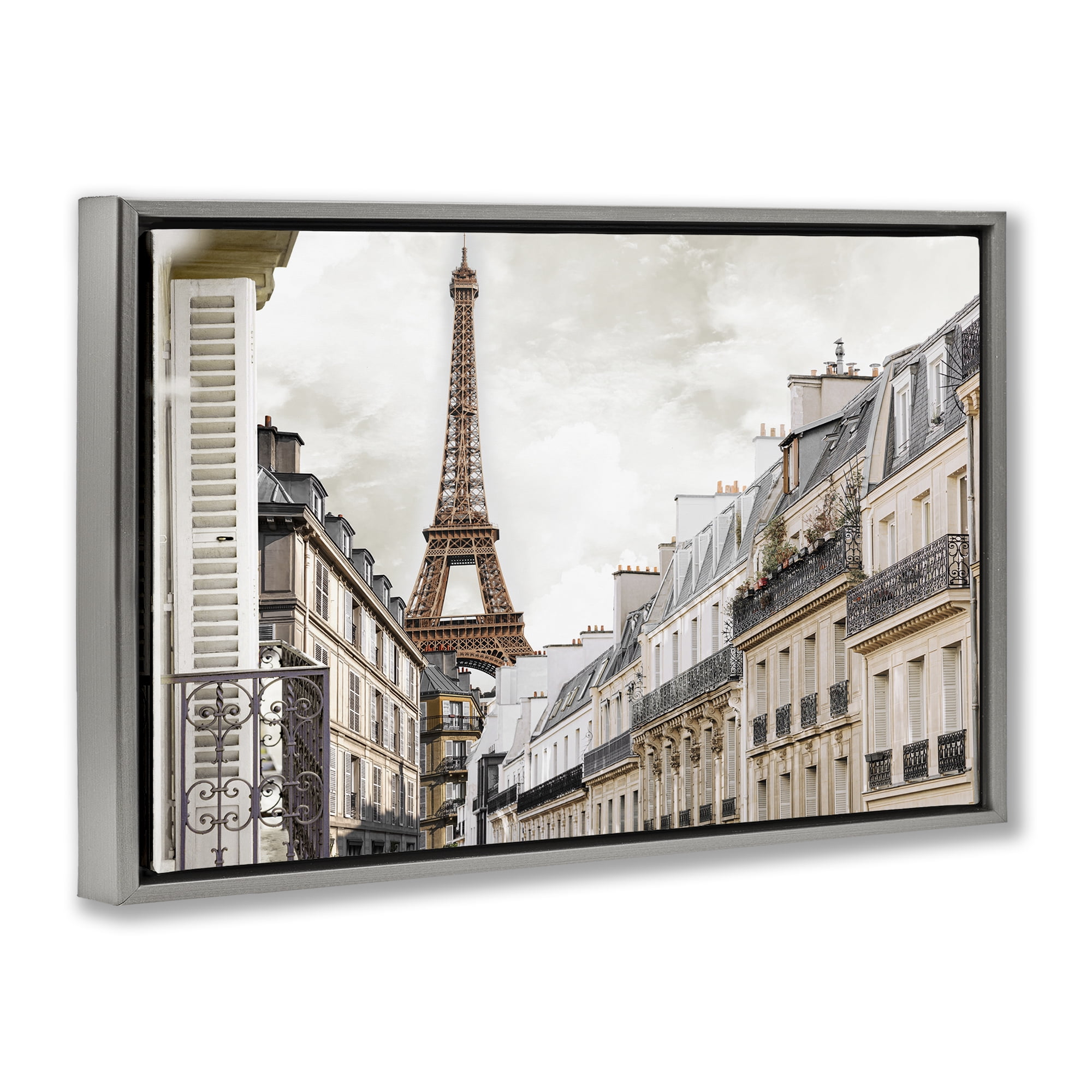 Stupell Industries Eiffel Tower Through Parisian Balconies Gray Framed Floater Canvas Wall Art, design by CAD Designs