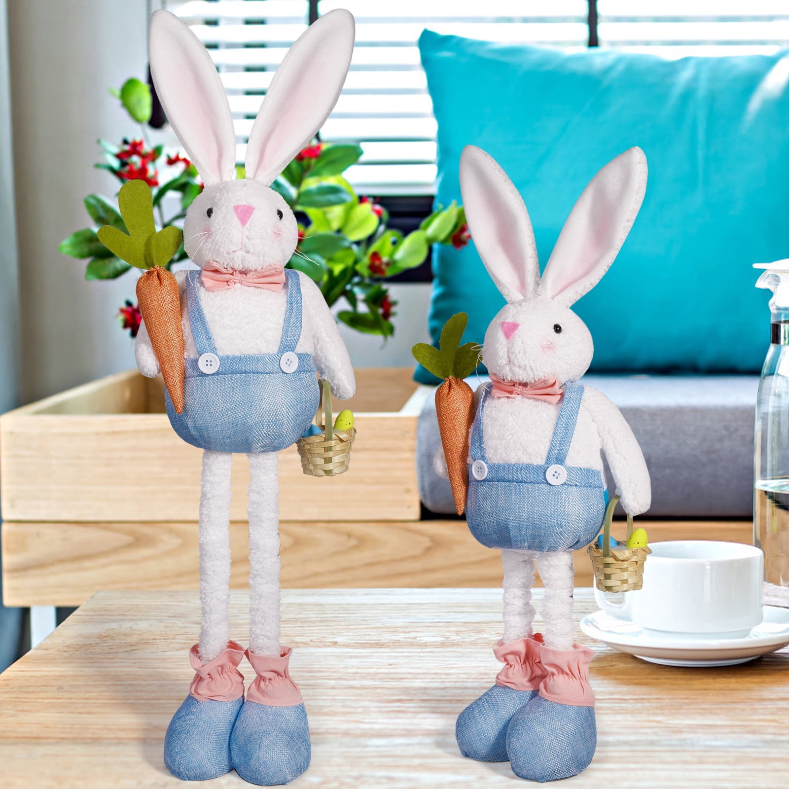 Easter Bunny Telescopic Leg Doll Holding Radish Basket Cute Plush Doll Ornament,Easter Bunny Plush Decorations Easter Bunny Stuffed Animal Cute Rabbit Plush Easter Basket Stuffers Gifts