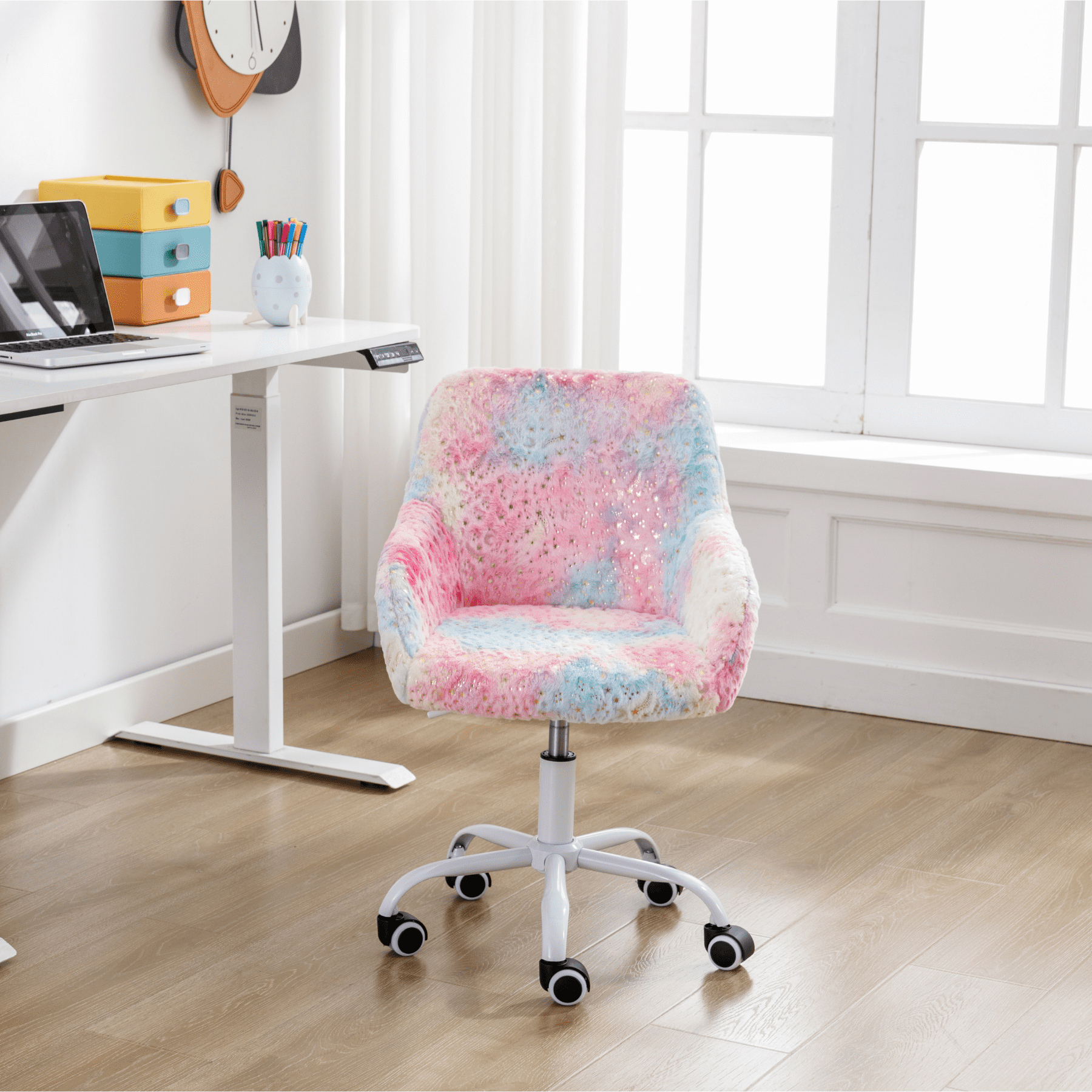 Dayalane Kids Desk Chair, Adjustable Swivel Faux Fur Study Chair with Armrests, Comfy Upholstered Computer Chair for Boys and Girls, Cute Computer Chair for Children,Star-Pink