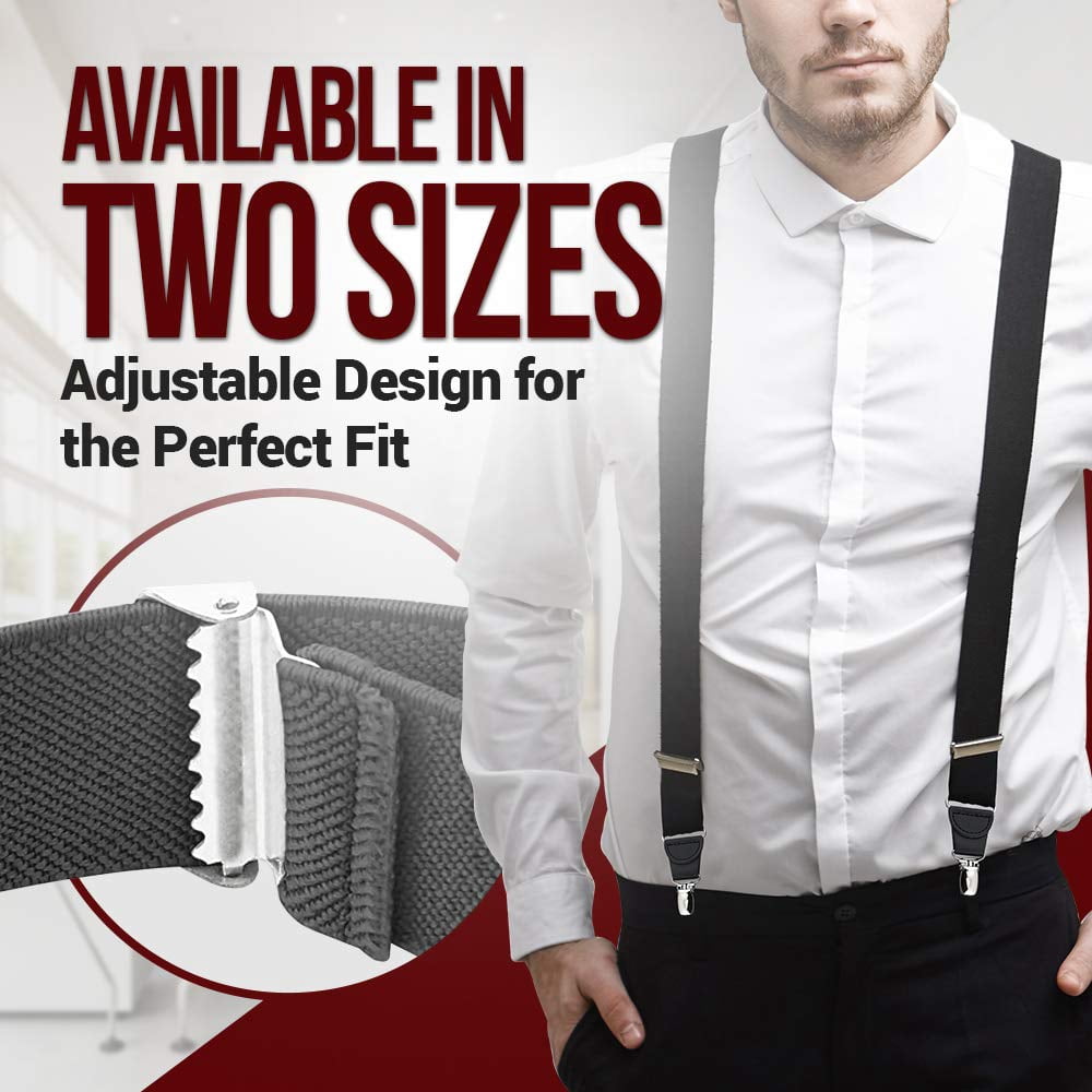 Mens Elastic No Slip "Pin Clip" x Back Suspenders With Leather Trim - Black (Available in 2 Colors)