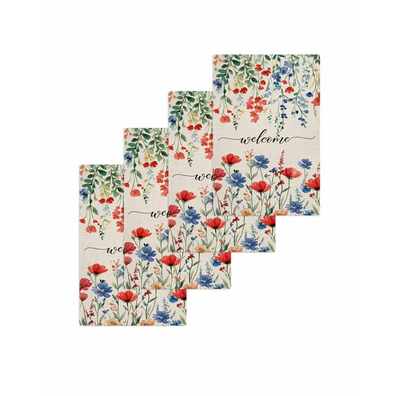 Pastoral Botanical Kitchen Dish Towels for Drying Dishes Set of 4, Blue Red Floral Spring Welcome Rustic Waffle Weave Microfiber Terry Hand Tea Bathroom Towels Quick Dry & Absorbent Towel 15.7x23.6