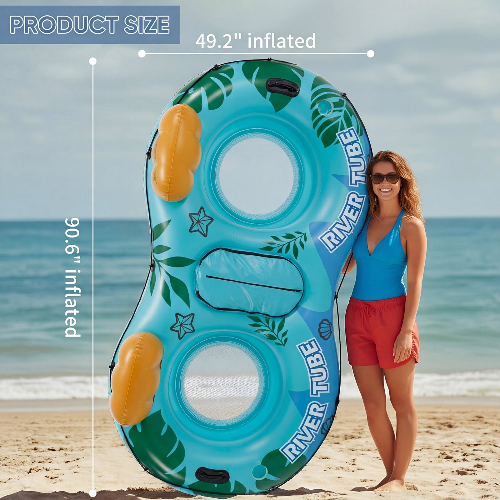 CONCETTA 2 Person Inflatable River Tube Float with Cooler & Enhanced Backrest, Quick Inflate Pool Lake Raft Lounger, Blue & Green