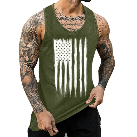 Charmgo Mens Shirts, Clearance Items, Mens Independence Day Summer Tank Top Breathable Large Size Casual Sleeveless Top Loose Partial Print Tank Top Golf Shirts for Men, Polo Shirts for Men Army Green