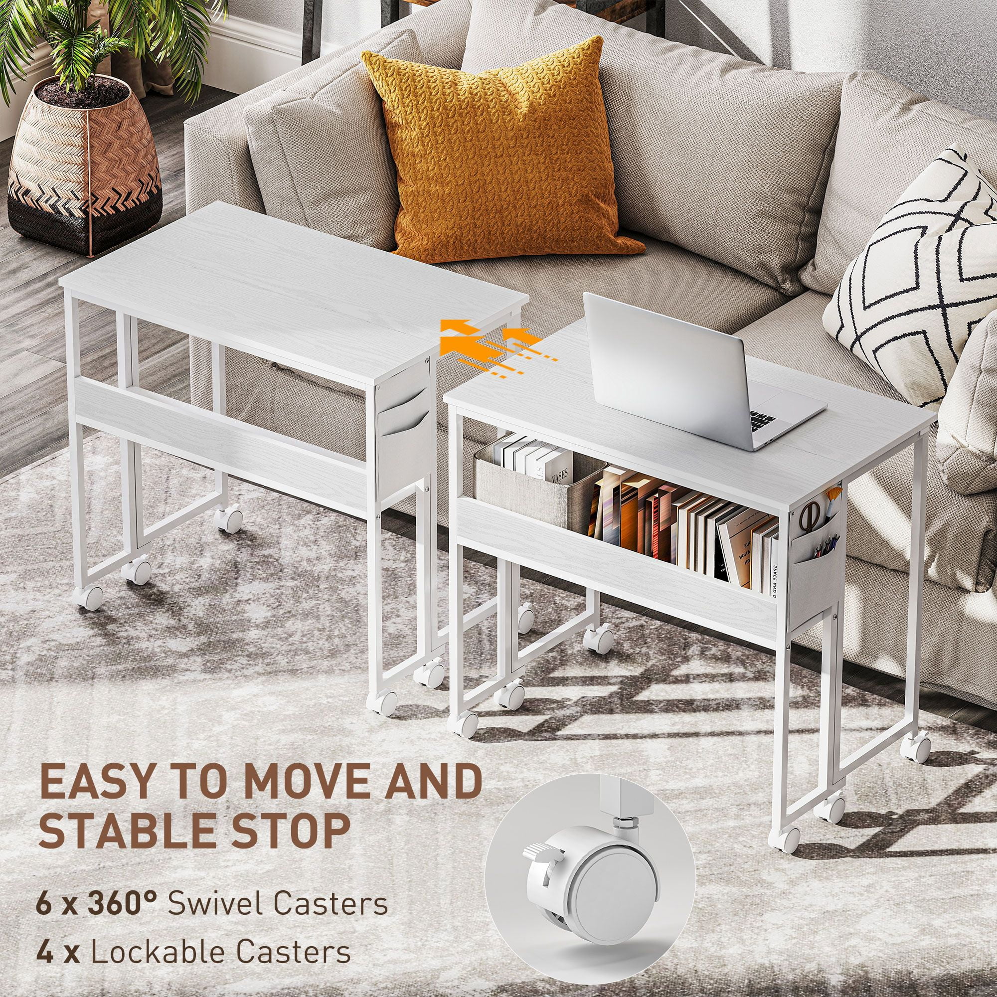Drop Leaf Rolling Computer Desk, Foldable Depth 19.7" to 8.3" Mobile Writing Table with Open Shelf & Side Storage Bag, 6 Swivel Casters 110lbs Capacity for Small Spaces
