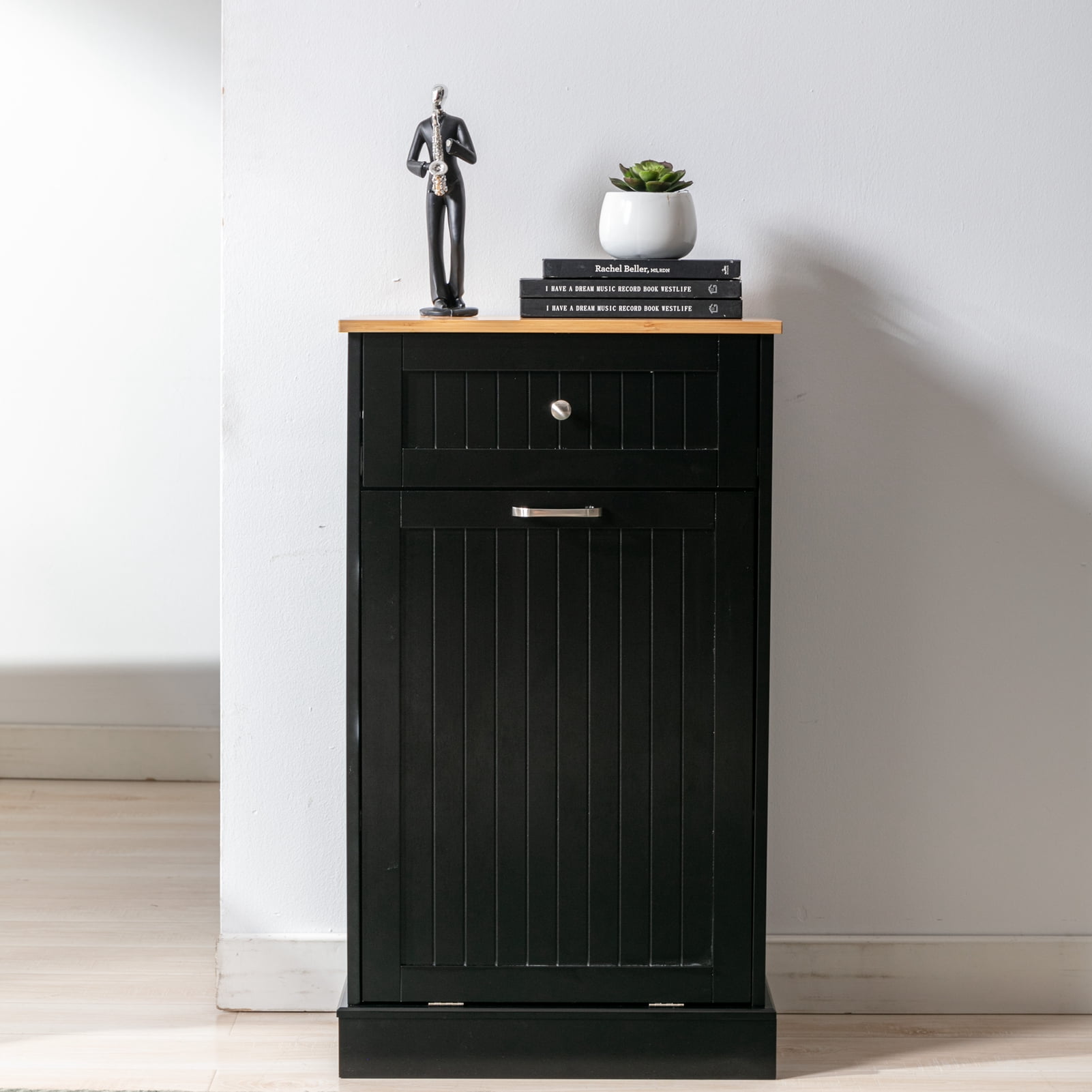 Yaoping Kitchen Trash Cabinet Tilt Out Free Standing Storage Can, Wood Garbage Recycling Station Hideaway Trash Holder Drawers(Black-1)