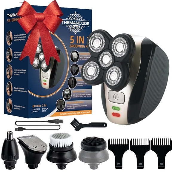 THEMANCODE 5-in-1 Head Shaver for Bald Men, 4D Electric Rotary Razor, Cordless Wet & Dry Waterproof, Rechargeable Grooming Kit with Precision Blades, Nose Trimmer & Facial Brush, Father's Day Gift