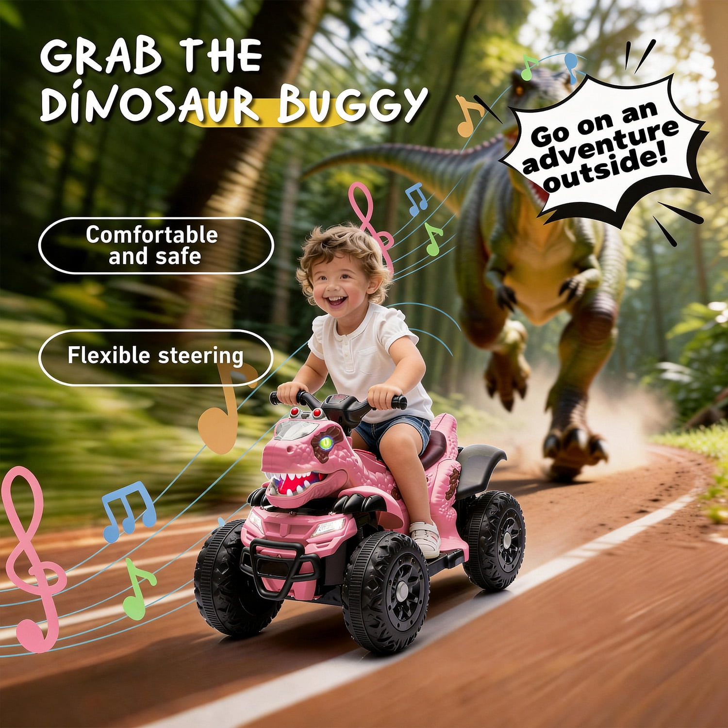 Track Seven 12V Electric Ride-On ATV, Dinosaur Four Wheeler Electric Car with Bluetooth, LED Lights, Music, Electric Quad Ride-On Toy Car for Toddlers Boys Girls Age 2+, Rose Pink