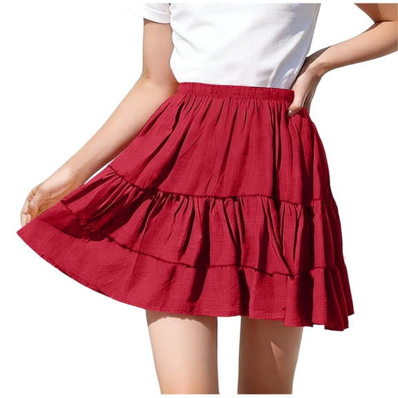 Khunlpohl Girl's Cotton Skirts Elastic Waisted Pleated Ruffled Hem Summer Casual Comfortable Vacation Skirt