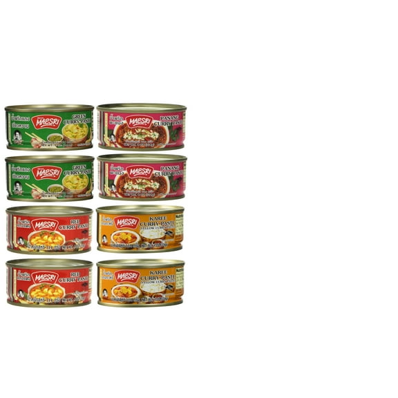 Maesri Thai Curry Paste (4oz) Assorted, Red-Green-Panang-Yellow (2 of Each, total 8 cans)