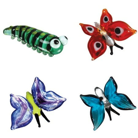 BrainStorm Looking Glass Miniature Glass Figurines, 4-Pack, Kate Caterpillar/Rubby Butterfly/Aqua Butterfly/Brittany Butterfly