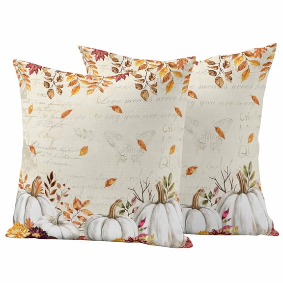 White Pumpkin Fall Outdoor Waterproof Pillow Covers, Thanksgiving Eucalyptus Leaves Vintage Decorative Square Throw Pillowcase Sofa Cushion Sham for Patio/Couch/Chair, 20"x20" 2 Pack