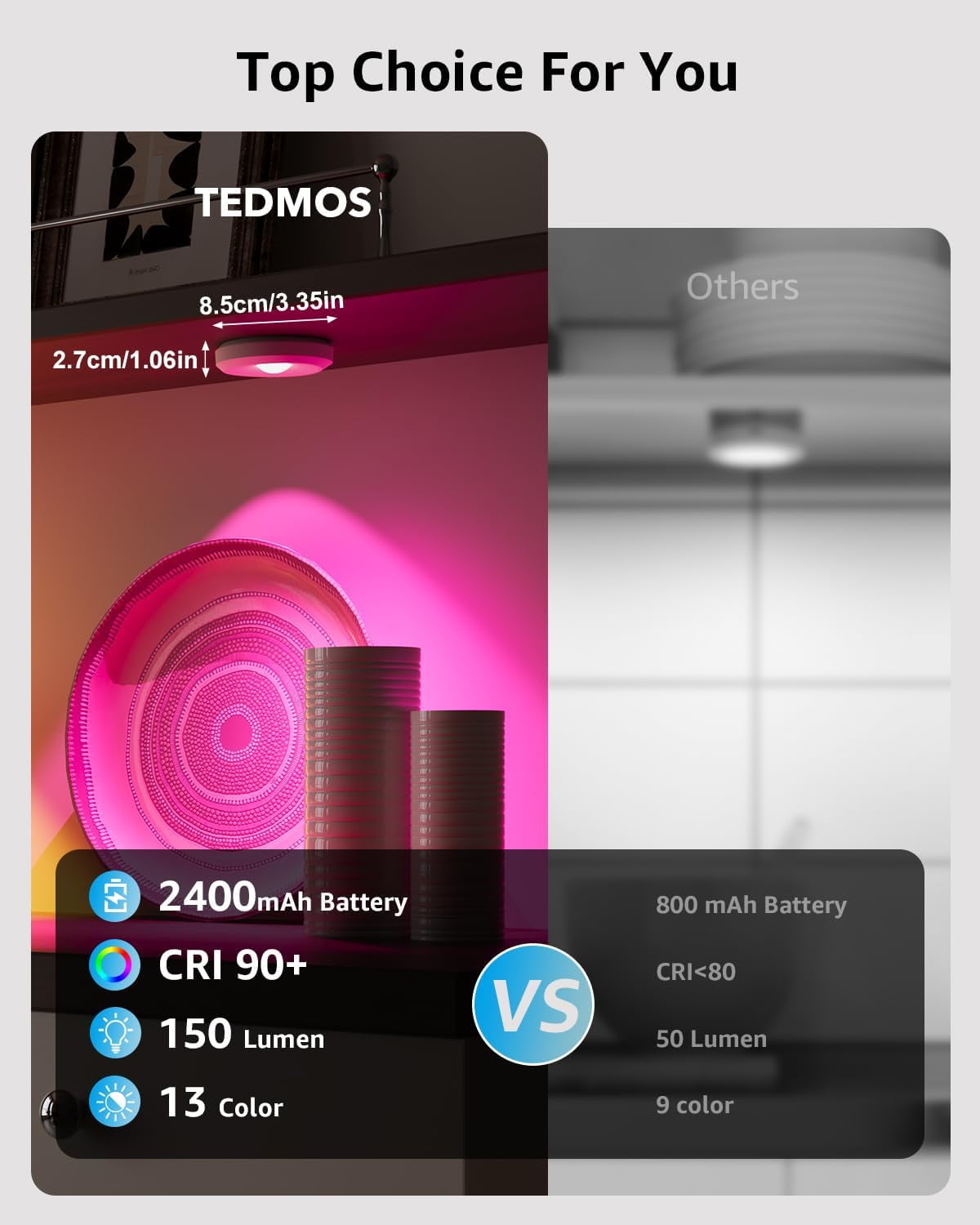 Tedmos White Rechargeable Puck Lights with Remote, Battery Powered RGB Color Changing LED Under Cabinet Lighting, Wireless Magnetic Push Tap Touch Light For Shower Bathroom Kitchen Book Shelf Closet