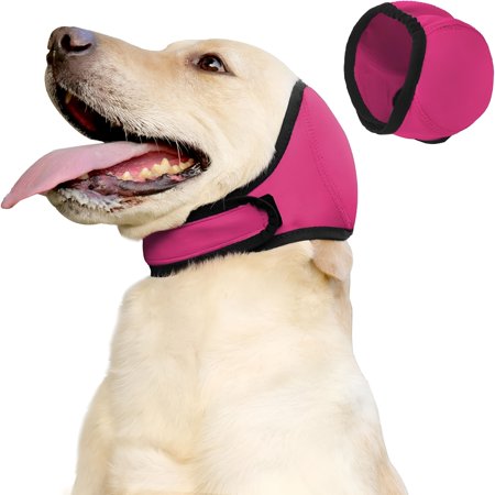 GASTROPOD Dog Calming Hoodie Quiet Ear Cover for Noise Protection Ear Muffs No Shake Ear Wraps for Dogs Swim Cap Bath Blow Drying Headband Wraps for Ear Hematoma Groom Fireworks (Rose Red L)