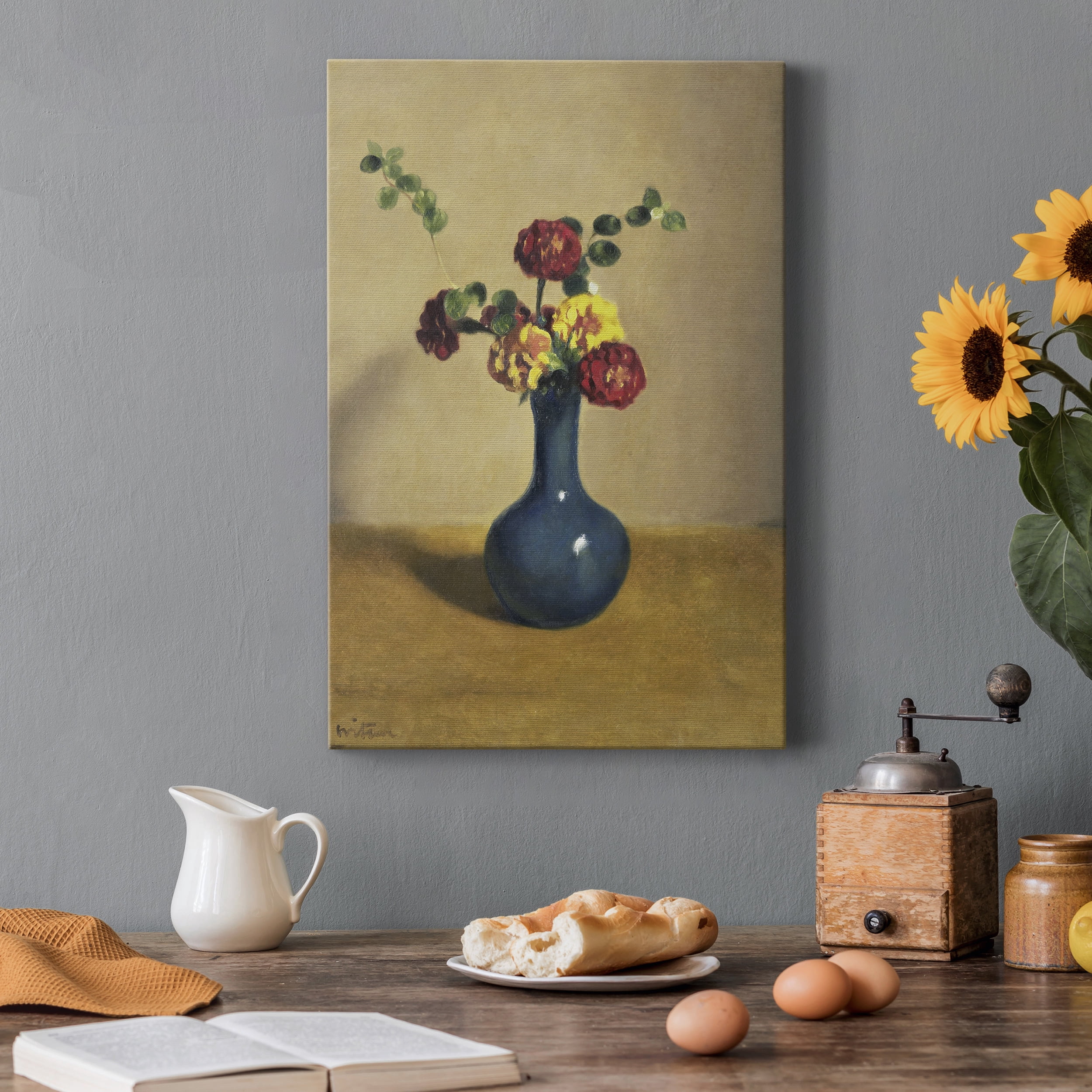 Afrikaantjes in een blauw vaasje Premium Gallery Wrapped Canvas - Ready to Hang - 24 x 36